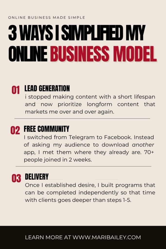3 ways I simplified my online business model. 1 - lead generation. 2 - free community. 3 - delivery